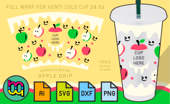 24oz Venti Cold Cup Fullwrap Apple Drip Graphics