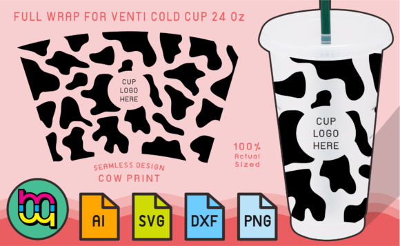 24oz Venti Cold Cup Fullwrap Cow Print Graphics & Print Templates
