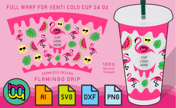 24oz Venti Cold Cup Fullwrap Flamingo Graphics & Print Templates