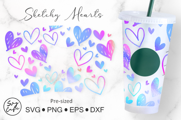 24oz Venti Cold Cup Sketchy Hearts for Crafts & Graphics
