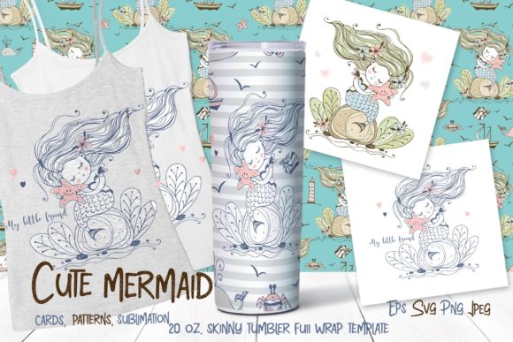 Skinny Tumbler Cute Mermaid Clipart Illustrations